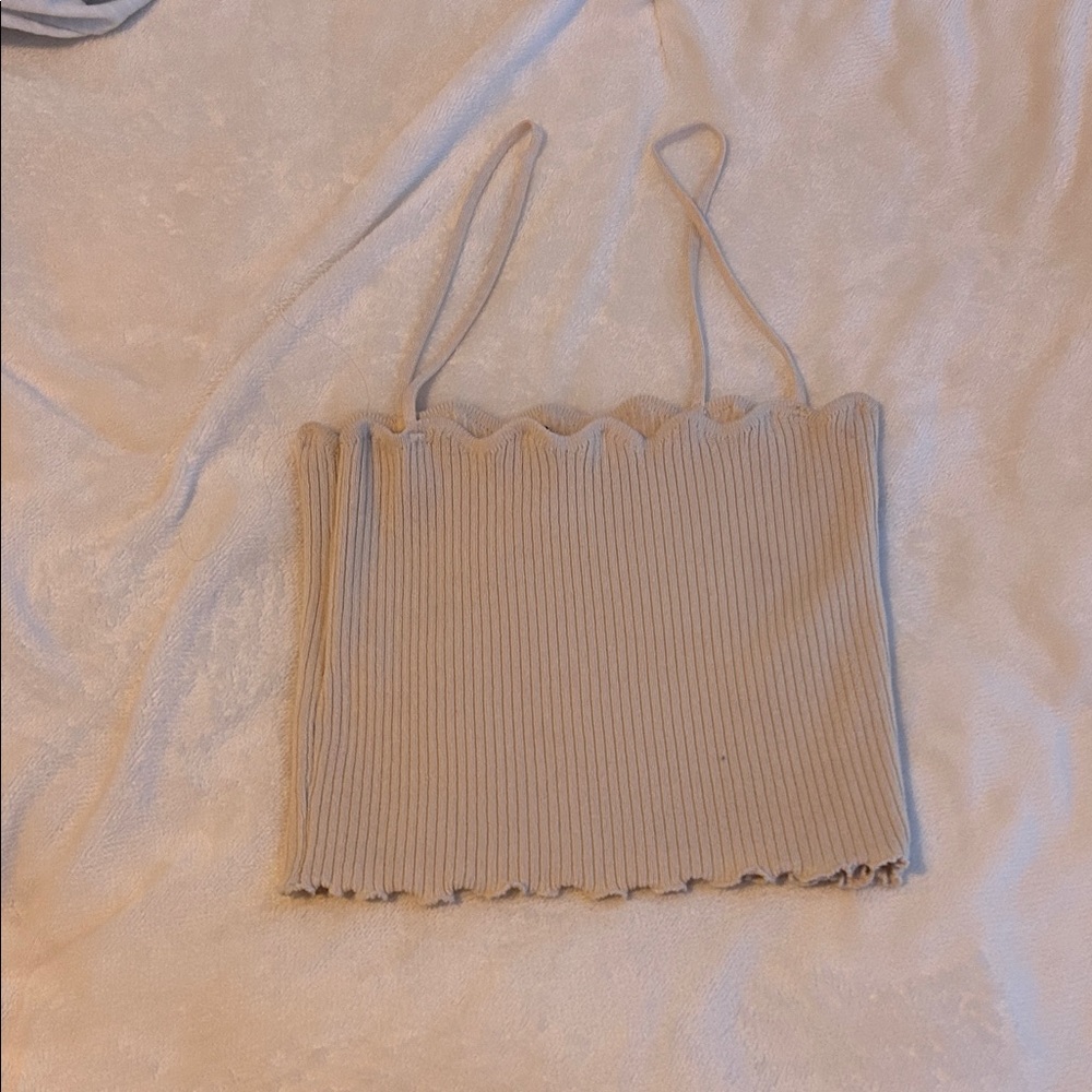 Zara Cream Ribbed Scallop Cami Top